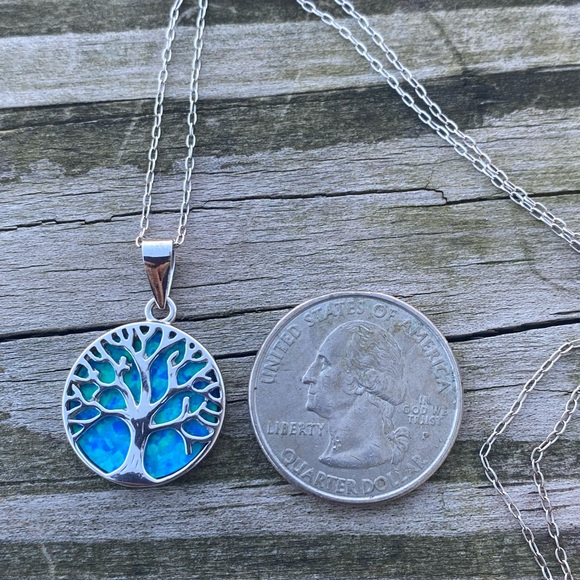 Tree of Life Pendant Necklace .925 Sterling Silver with faux blue opal - Picture 6 of 7
